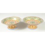 A SUPERB PAIR OF RUSSIAN PORCELAIN CIRCULAR COMPORTS. 8.75ins diameter, 3.5ins high. The centre with