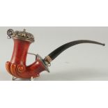 A GOOD 18TH CENTURY GERMAN MEERSCHAUM PIPE, good colour, with carved scrolling and silver mounts.