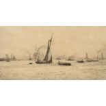 William Lionel Wyllie (1851-1931) British, barges and other craft on the River Thames, etching,