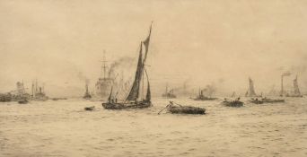 William Lionel Wyllie (1851-1931) British, barges and other craft on the River Thames, etching,