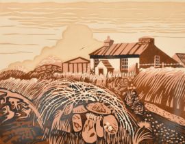 John Stops (1925-2002), 'Farm Near St David's Head I', linocut, signed and dated 1981 in pencil,