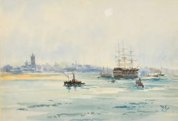F.E. (late 19th Century), HMS Victory in Portsmouth Harbour, Gosport shoreline beyond,