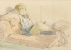 Anthony Devas (1911-1958) A reclining female on a bed reading a book, pencil and watercolour,