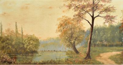 Alray (20th Century), A Summer river scene with trees and flowers in bloom along the banks and a