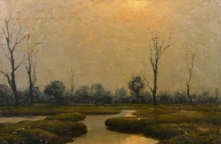 Paul Paul (1865-1937), a tree lined river landscape at dusk, oil on canvas, signed, 16" x 24" (40