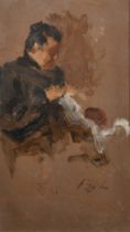 Paul Paul (1865-1937), a study of a figure knitting, oil on board, signed, 8.5" x 5" (21.5 x 12.