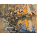 Theodore Hummel (1864-1939) German, A busy canal scene with figures and sailing boats, pastel,