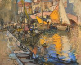 Theodore Hummel (1864-1939) German, A busy canal scene with figures and sailing boats, pastel,