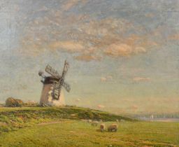 Paul Paul (1865-1937), sheep grazing by a windmill with sailboats in a bay beyond, oil on canvas,