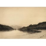 Richard Smythe, A lake scene with mountains beyond, etching, signed in pencil, 8.25" x 11.5", (