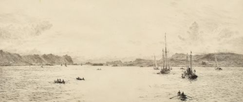 William Lionel Wyllie (1851-1931) British, barges and rowing boats in an inlet, etching, signed in