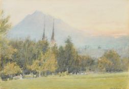 Albert Goodwin, 'Lucerne', a landscape view, watercolour, inscribed, signed and dated 1908, 6.75"