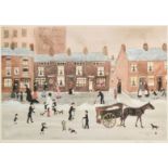 Helen Bradley (1900-1979), figures on a street in the snow, print in colours, signed in pencil and