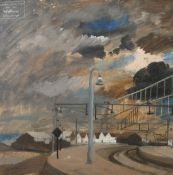 Hubert Arthur Finney (1905-1919), A stormy day with buildings near a deserted tram platform, oil