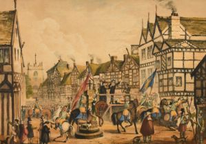 A 19th Century hand coloured lithograph, 'The Execution of James Stanley, Seventh Earl of Derby',