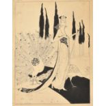 Circle of George Wolfe Plank, an ink drawing of an elegant female figure with two peacocks, image