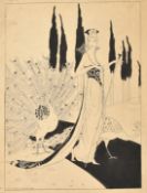 Circle of George Wolfe Plank, an ink drawing of an elegant female figure with two peacocks, image