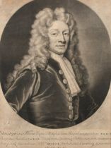 Smith after Kneller, a portrait of Christopher Wren, 13" x 9.75", (33x25cm) and another by Smith