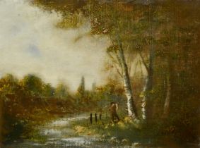 Late 19th Century, A traveller standing beneath trees by a stream, oil on canvas, 13" x 16", (