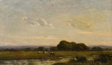 Paul Paul (1865-1937), cattle watering by a river, oil on canvas, 15" x 25.75" (38 x 65cm).