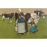 Cecil Aldin, 'The Dairy Maids' and 'Market Day', a pair of chromolithographs, 13" x 19.5", (33x49.