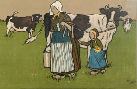 Cecil Aldin, 'The Dairy Maids' and 'Market Day', a pair of chromolithographs, 13" x 19.5", (33x49.