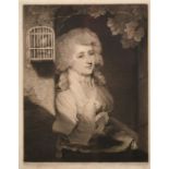 John Young after Hoppner, A half-length portrait of a society lady with a caged bird, paper size