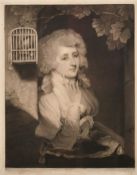 John Young after Hoppner, A half-length portrait of a society lady with a caged bird, paper size