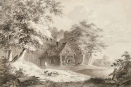 Continental School (early 19th Century), Landscape with sheep, figures and cottages, ink and