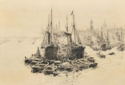 William Lionel Wyllie (1851-1931) British, boats and barges moored on the Thames with a view of