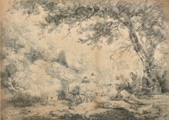 George Morland, Circa 1792, figures in a wagon on a country path, soft ground etching, signed and