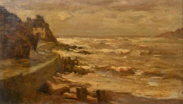 Paul Paul (1865-1937), 'Runswick Bay', figure and a house on an inlet, oil on board, signed, 9.5"