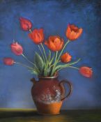 Continental School, circa 1968, Red flowers in an earthenware jug, pastel, extensively inscribed