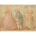T. Rowlandson, Circa 1800, a humorous study of a gentleman and two ladies, watercolour, signed, 8.