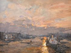 William F. Liddell, Circa 1921, a view of shipping on the Thames at dusk with St. Paul's beyond,