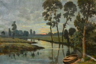 20th Century, A river landscape with trees at the water's edge reflecting in the water, a boat on