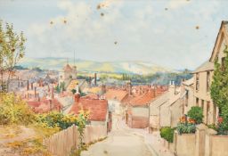 19th Century, A village view with a church from top of a lane and hills in the distance,