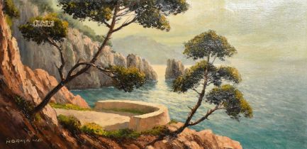 Normand (20th Century), A Mediterranean rocky coastal scene with a viewpoint, oil on canvas, signed,