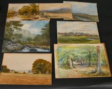 A collection of landscape watercolours by Aaron Penley, James Orrock, Fred Walmsey and others, sizes