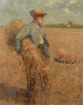 Paul Paul (1865-1937), a scene of a harvester in an open field with pigs feeding nearby, oil on