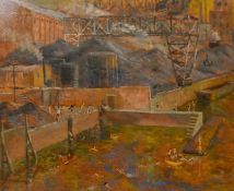 Gilbert, 20th Century, Children swimming in a river alongside a factory, oil on board, signed, 24" x