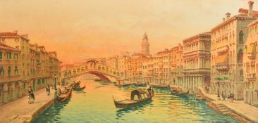 19th Century, The Grand Canal, Venice, with a view of the Rialto Bridge, gondolas and figures
