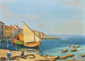 Maurice Antillan, (20th Century), A Mediterranean scene with sailing boats moored in a rocky cove