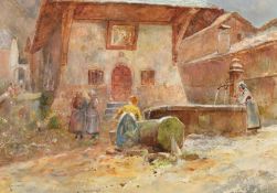 Oscar Ricciardi (1864-1935) Italian, female figures around a fountain in a village square, signed,
