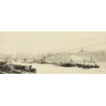 William Lionel Wyllie (1851-1931) British, a view of barges moored on the Thames, etching, signed in