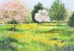 Maureen Jordan, An orchard in Spring time with daffodils and trees in blossom, mixed media,