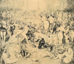 Norman Lindsay, 'The Argument', a large gathering of figures, etching, signed and numbered