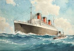J. Millington (1891-1948), 'Queen Mary' at sea with a small steamboat in choppy seas, watercolour,