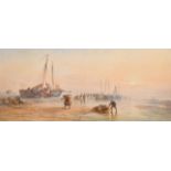 Alfred Herbert (1820-1861), figures collecting items from beached boats at dusk, watercolour, signed