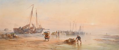 Alfred Herbert (1820-1861), figures collecting items from beached boats at dusk, watercolour, signed